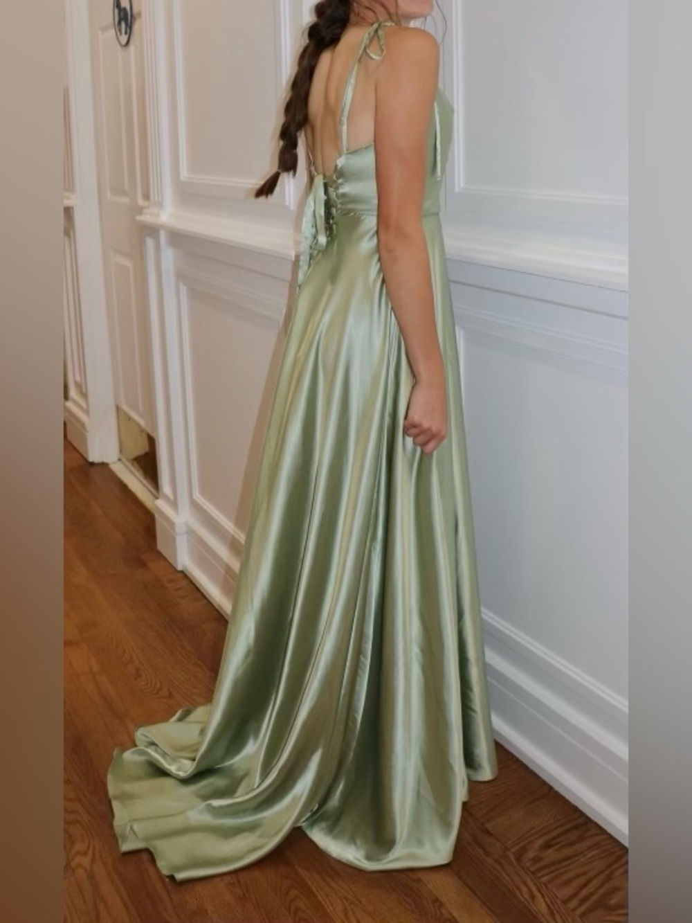 Girls' Sage Green Satin Formal Dress